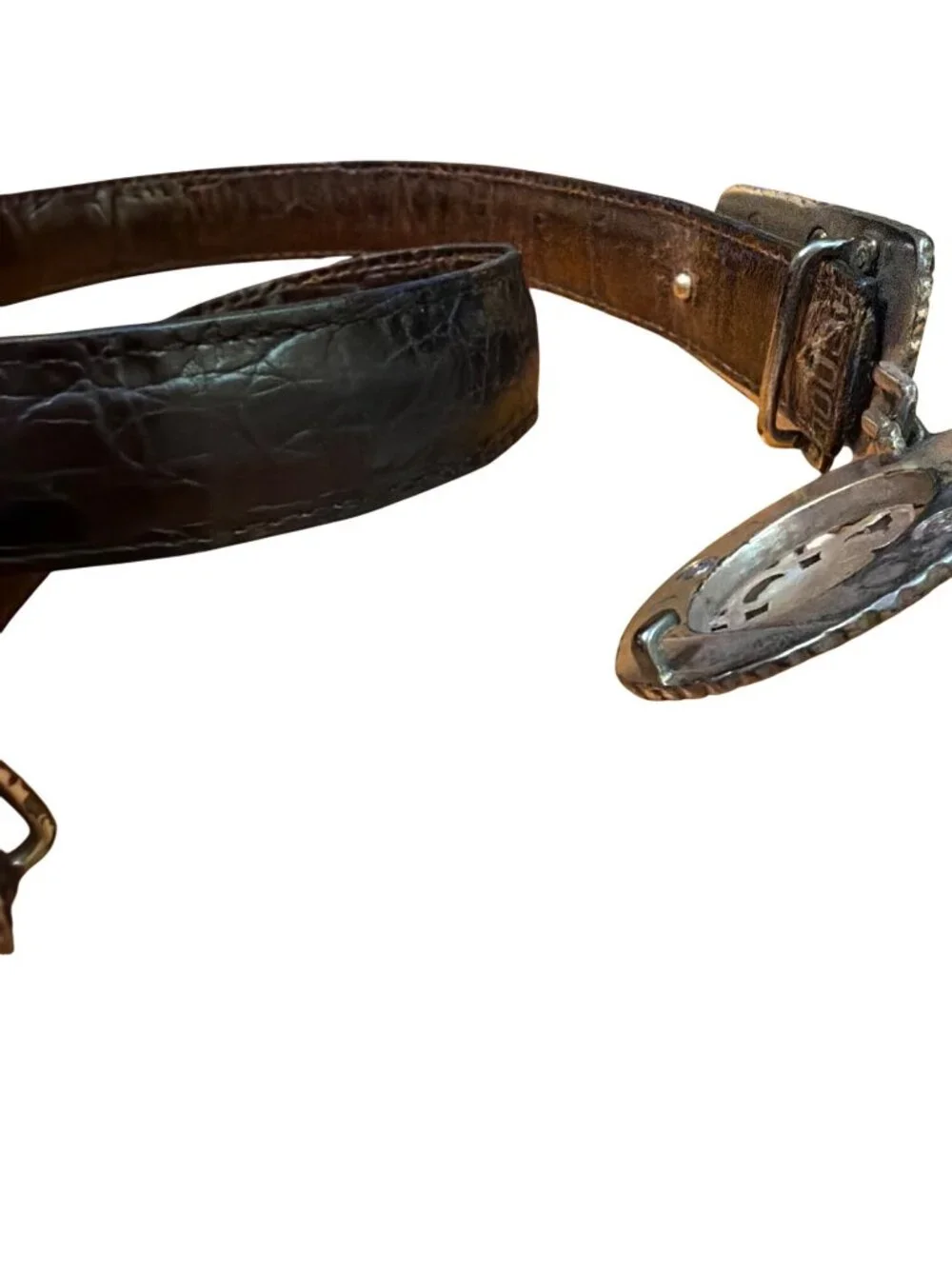 Vtg Brighton Reversible Belt Black Brown Croc Embossed Leather Gold Silver 25